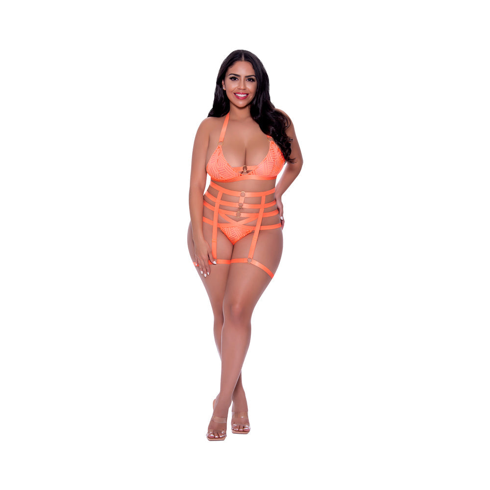 Magic Silk Rude Awakening Bralette, Thigh High Garter & Cheeky Panty Set Neon Orange Queen Size - Fantasies Boutique
