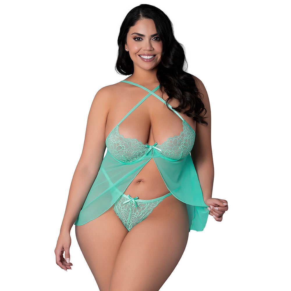 Magic Silk Caribbean Crush Flutter Babydoll & Thong Set Aqua Glow Queen Size