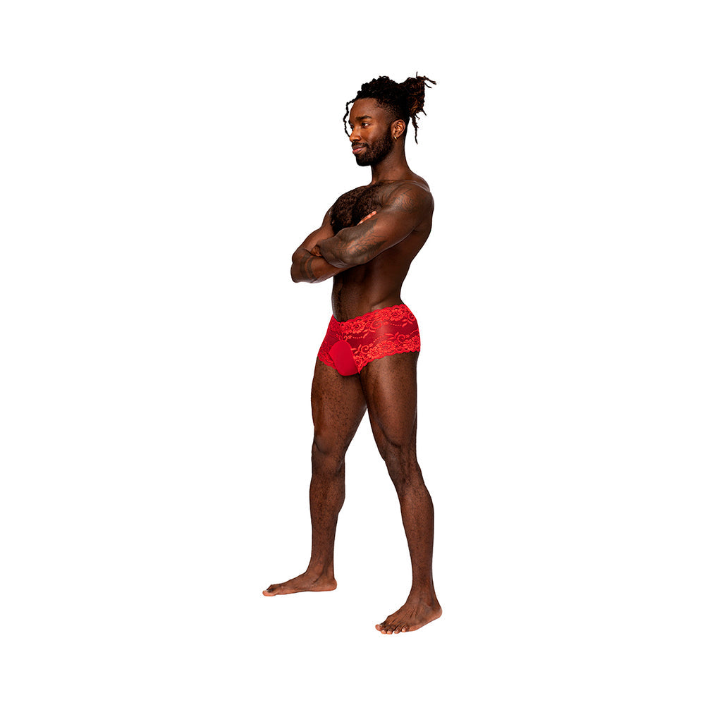 Male Power Sassy Lace Mini Short Sheer Pouch Red XL - Fantasies Boutique