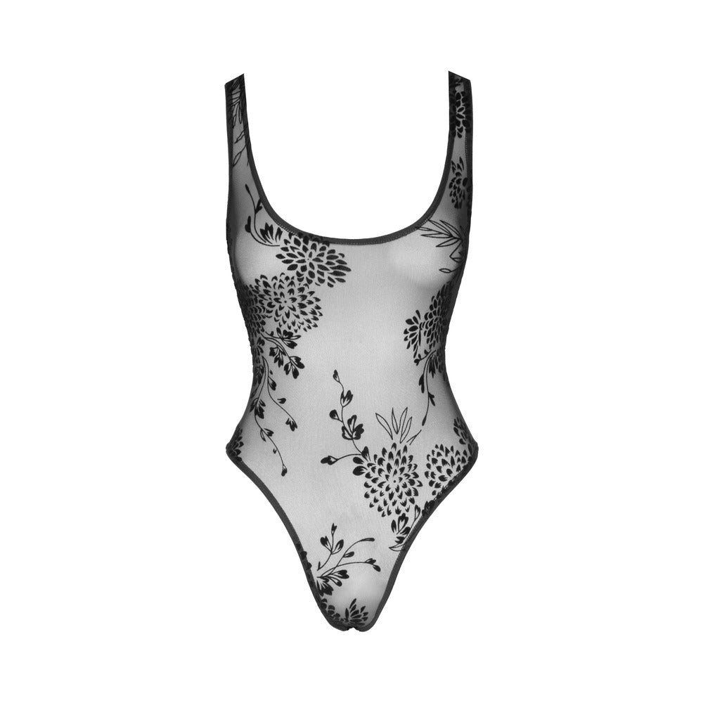 Noir Handmade Tulle Bodysuit With Patterned Flock Embroidery M - Fantasies Boutique