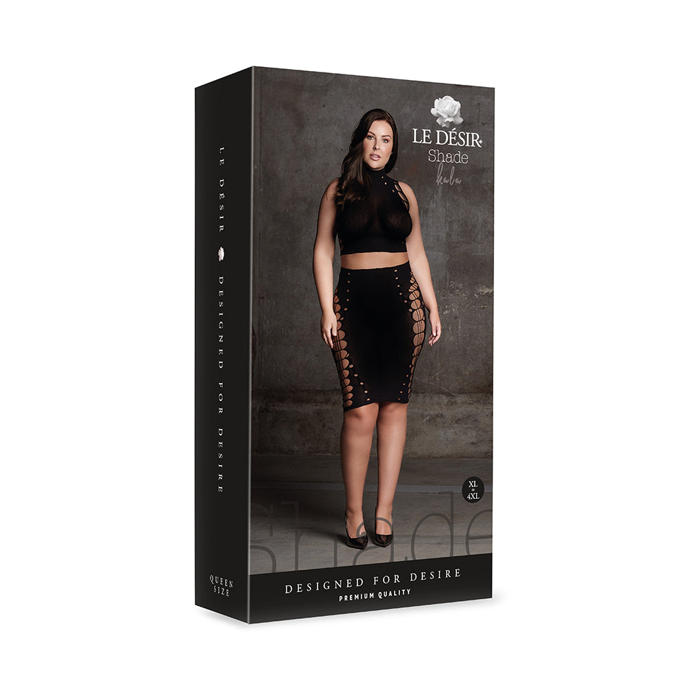 Le Desir Shade Kala XXXVII 2-Piece with Turtleneck, Crop Top & Skirt Black Queen Size - Fantasies Boutique