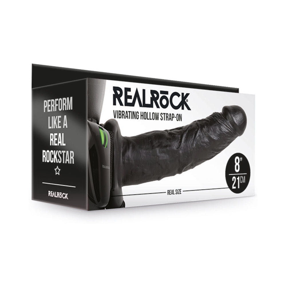 RealRock Realistic 8 in. Vibrating Hollow Strap-On Black - Fantasies Boutique