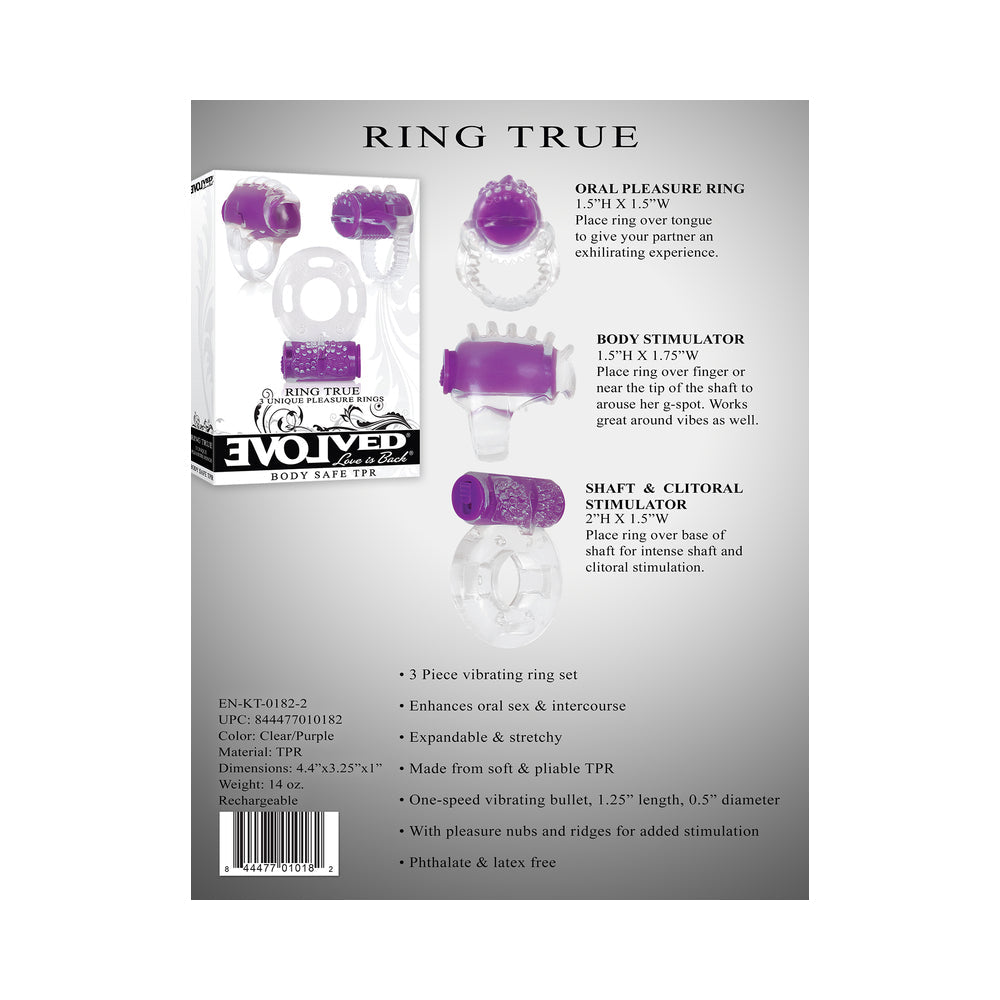 Evolved Ring True 3-Piece Vibrating Ring Set Clear/Purple - Fantasies Boutique