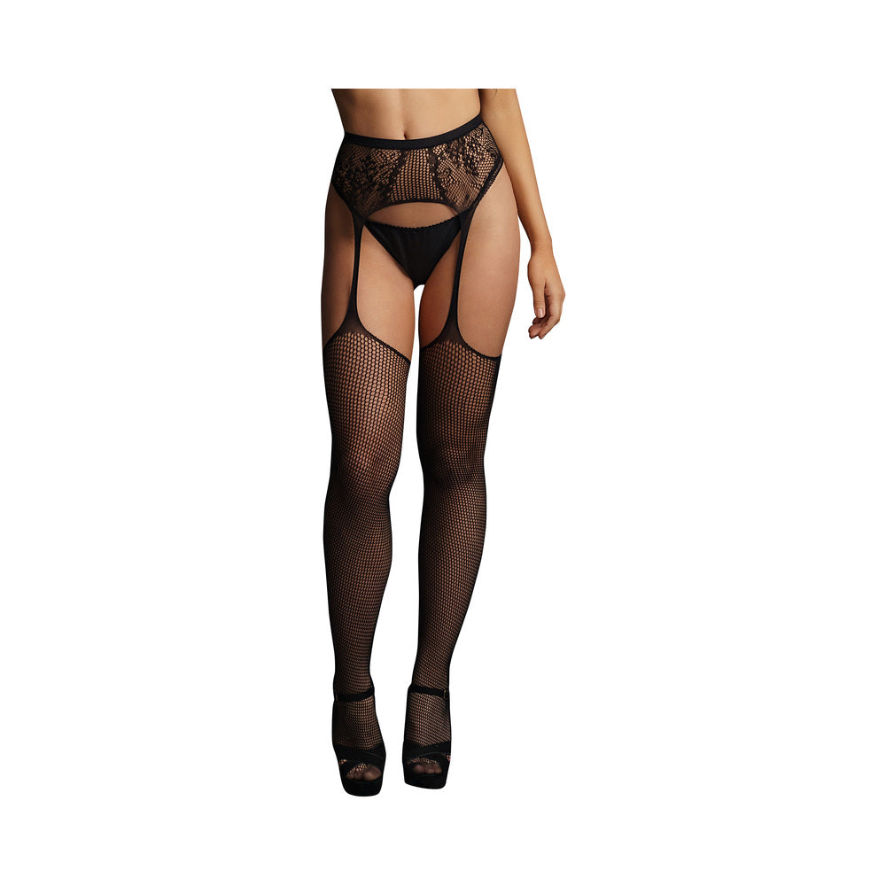 Shots Le Desir Fishnet and Lace Garter belt Stockings Black O/S - Fantasies Boutique