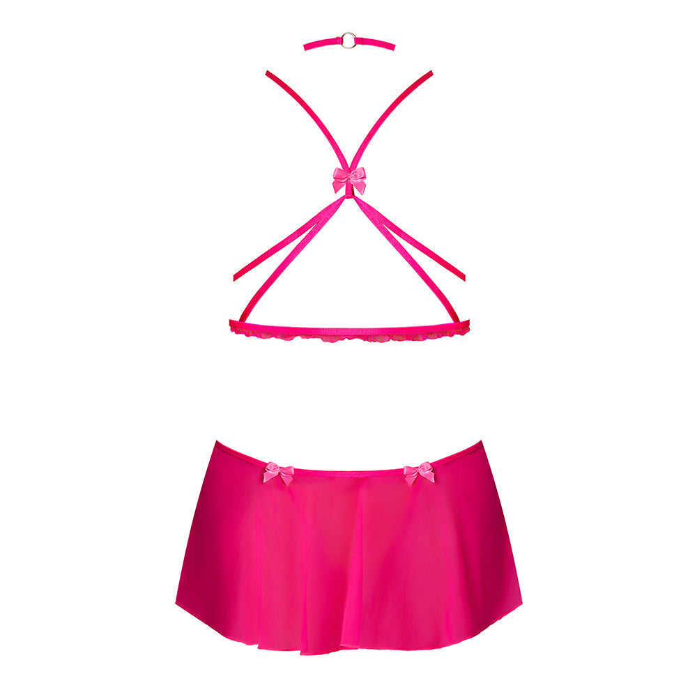 Magic Silk Pink Kink Harness Top, Open Crotch Skirt Panty & Choker Pink Glow Queen Size