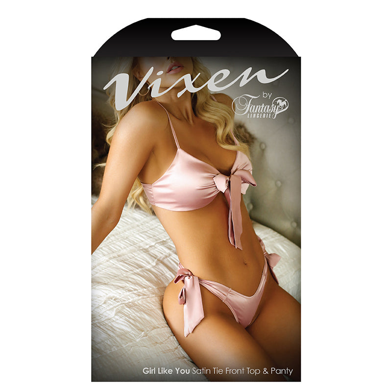 Fantasy Lingerie Vixen Girl Like You Satin Tie-Front Top & Matching Side-Tie Panty Light Pink L/XL - Fantasies Boutique