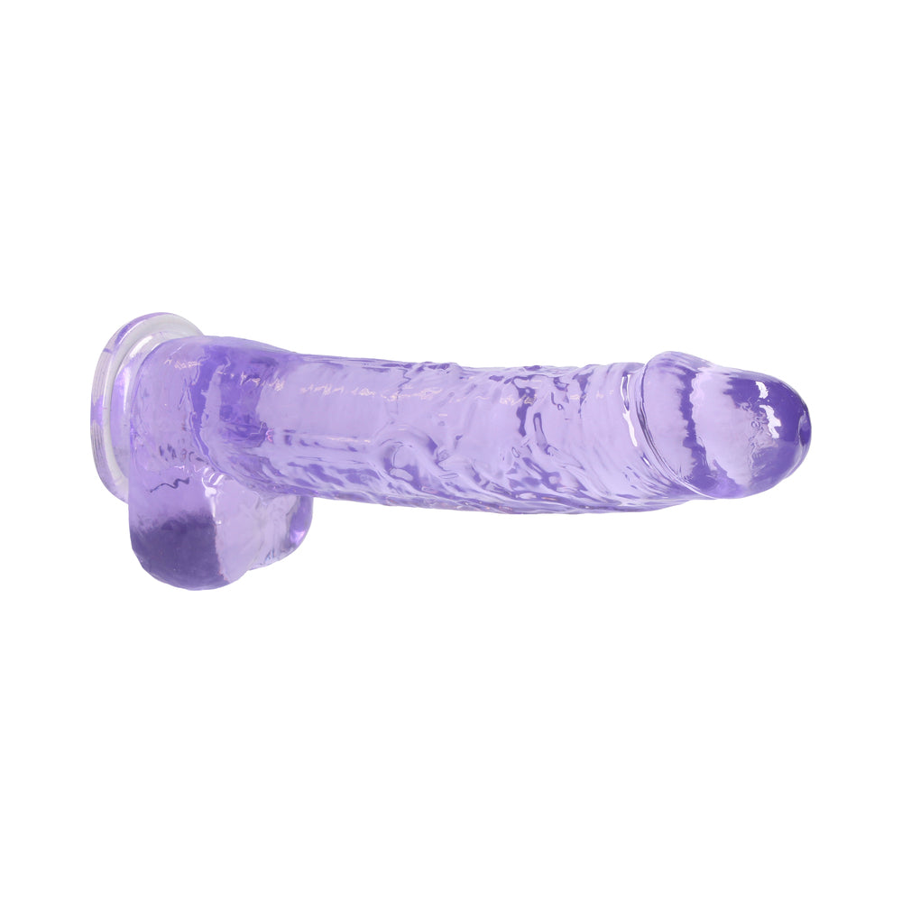 RealRock Crystal Clear Realistic 9 in. Dildo With Balls and Suction Cup Purple - Fantasies Boutique