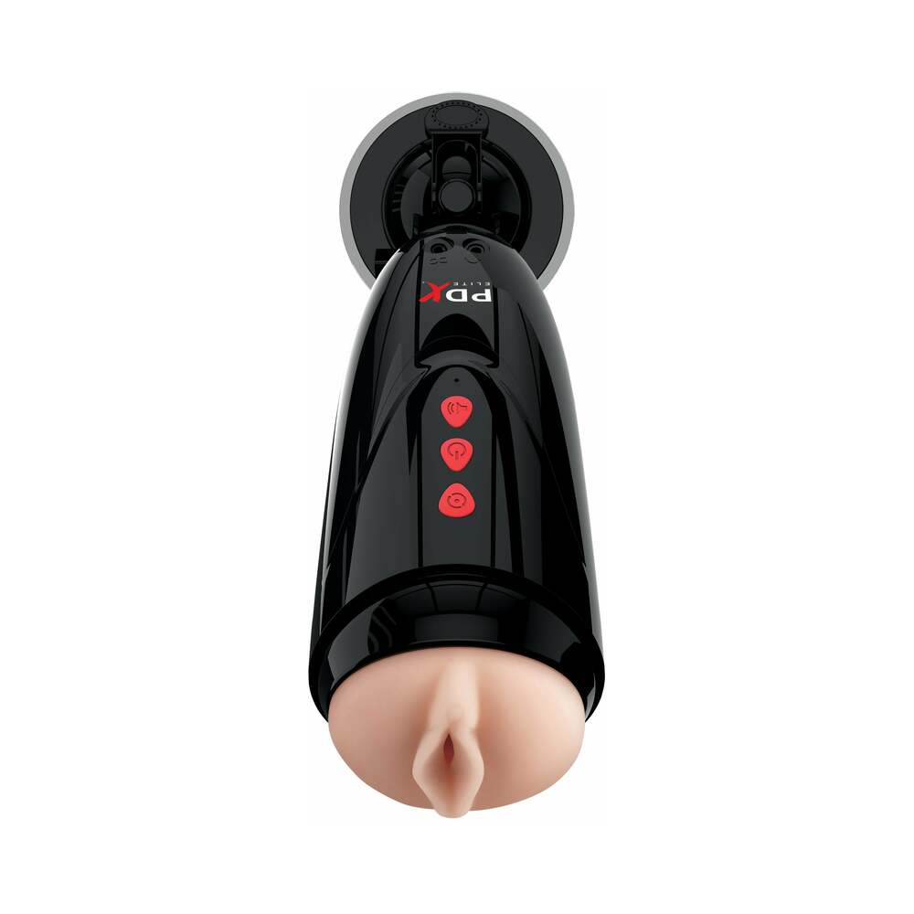 PDX Elite Dirty Talk Rechargeable Vibrating Starter Stroker With Hands-Free Suction Cup Beige/Black - Fantasies Boutique