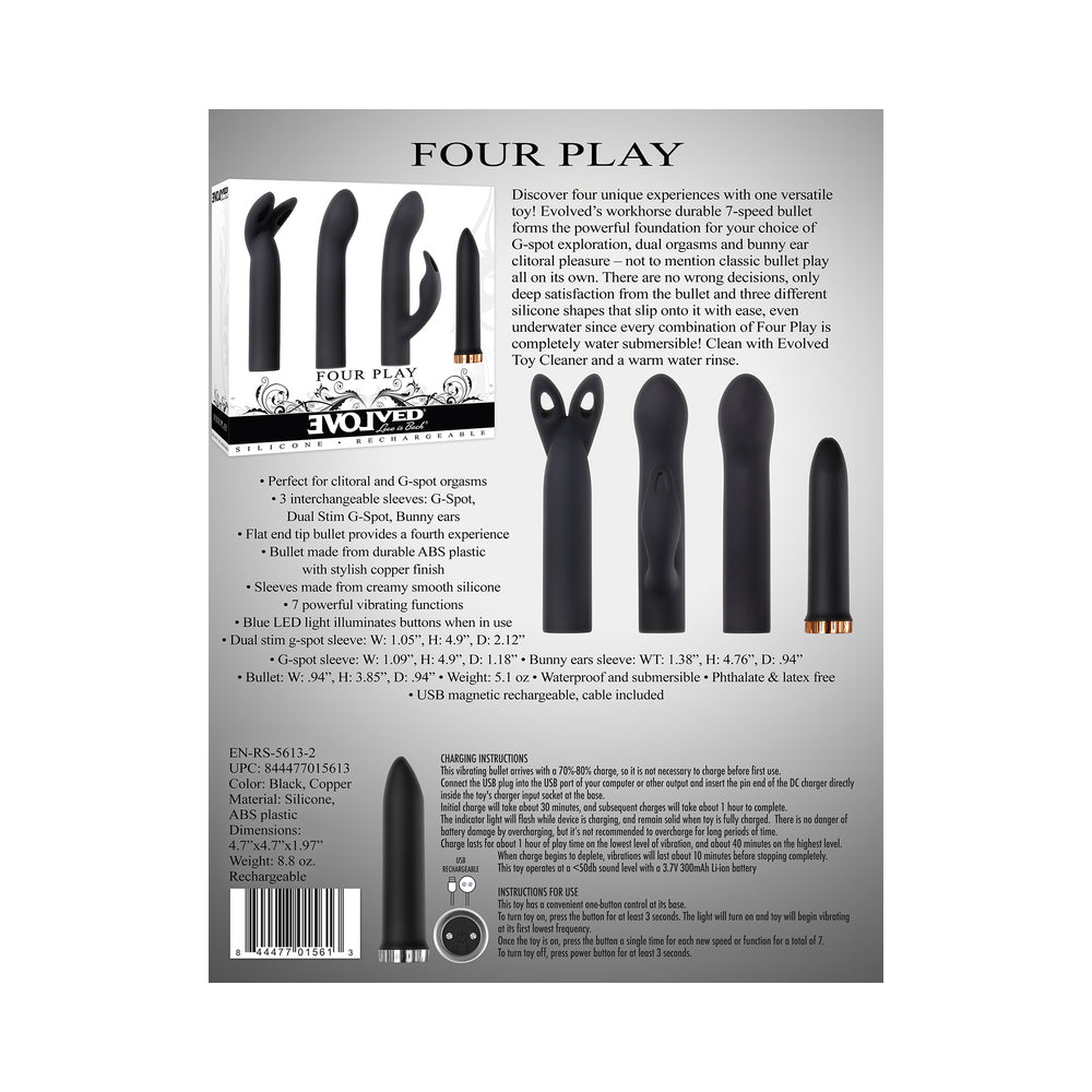 Evolved Four Play Rechargeable Silicone Bullet Vibrator and 3-Piece Sleeve Set Black - Fantasies Boutique