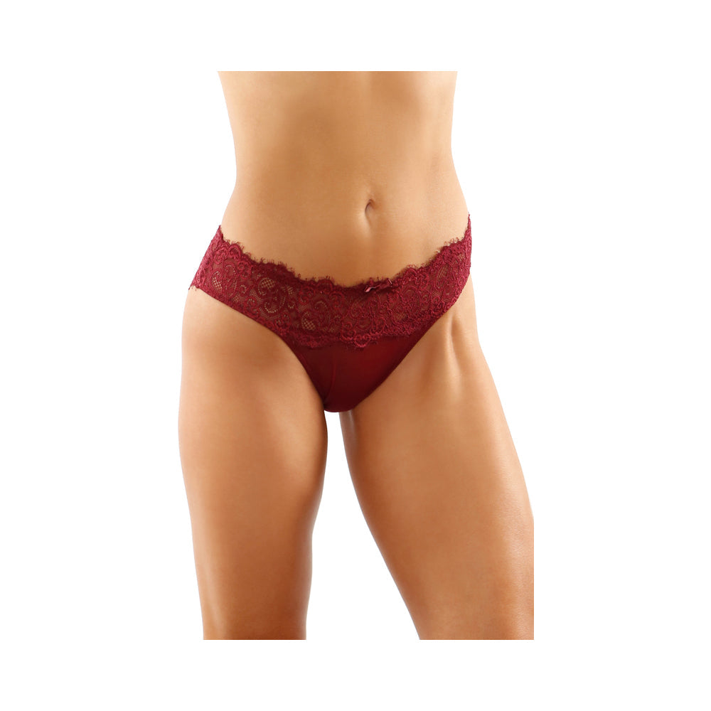 Ivy Lace Bikini Panty With Lattice Cut-Out Back Garnet S/M - Fantasies Boutique