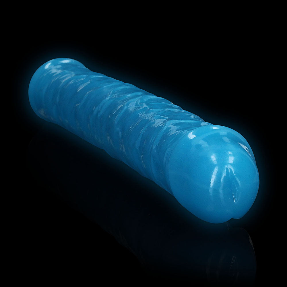 RealRock Glow in the Dark Double Dong 15 in. Dual-Ended Dildo Neon Blue - Fantasies Boutique