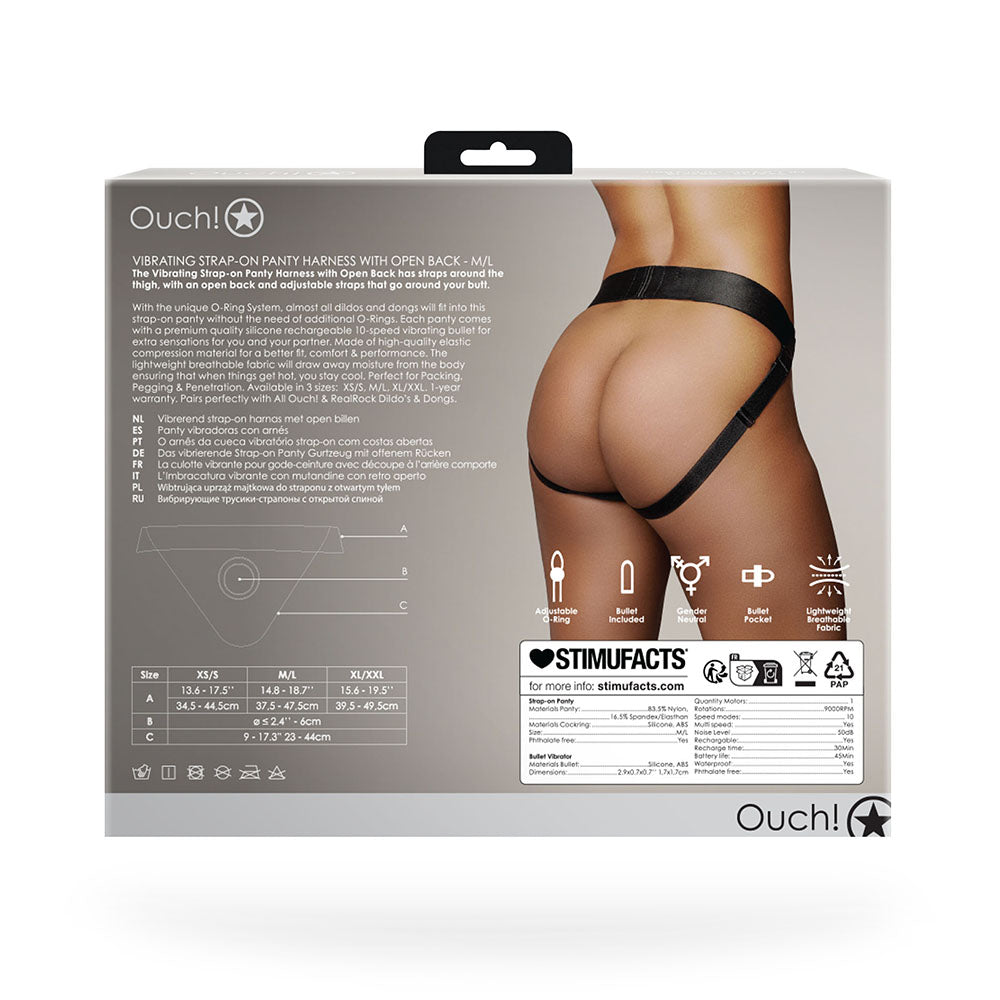 Ouch! Vibrating Strap-on Panty Harness with Open Back Black M/L - Fantasies Boutique