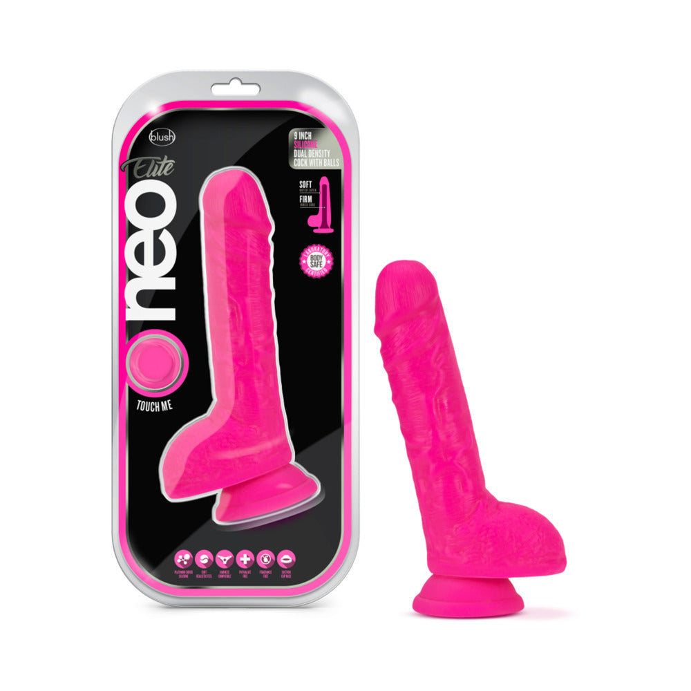 Blush Neo Elite 9 in. Silicone Dual Density Dildo with Balls & Suction Cup Neon Pink - Fantasies Boutique