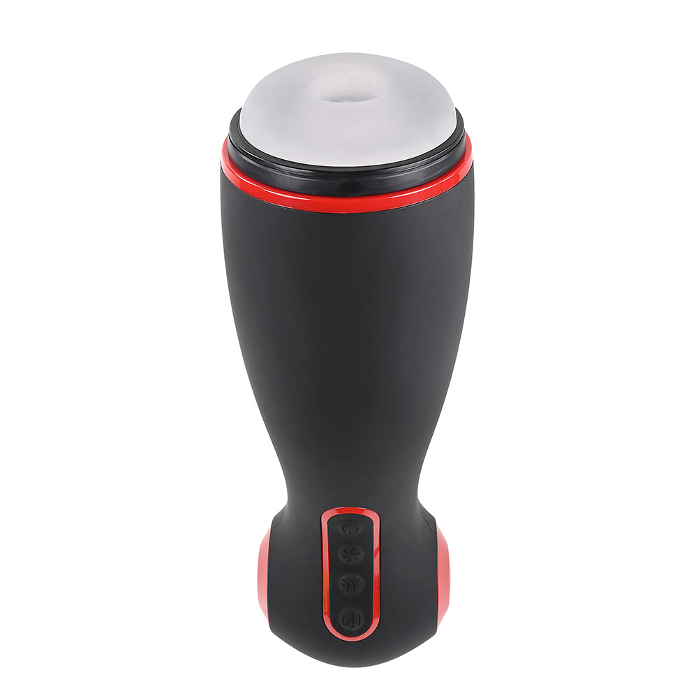 Zero Tolerance Tight Squeeze Rechargeable Vibrating Squeezing Talking Stroker TPE Black/Red - Fantasies Boutique