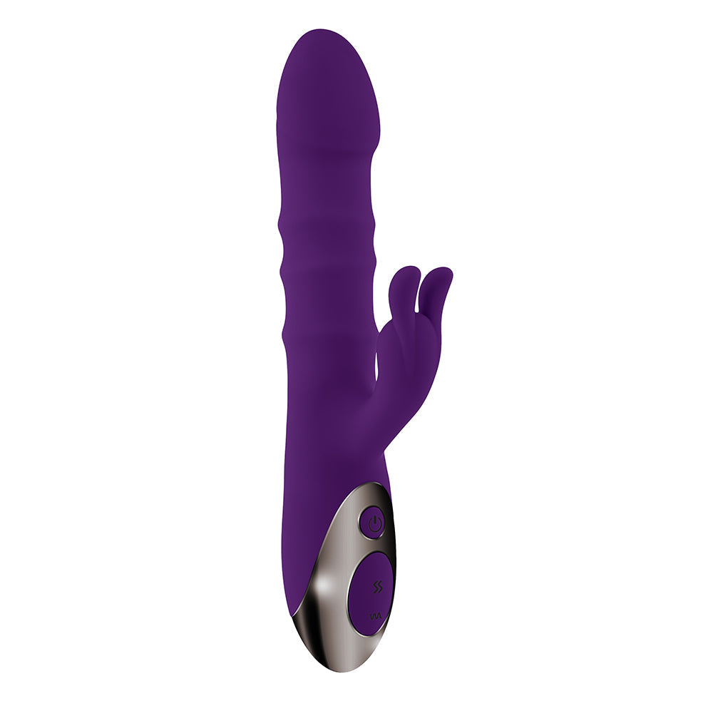 Playboy Hop To It Rechargeable Thrusting Silicone Dual Stimulation Vibrator Acai - Fantasies Boutique