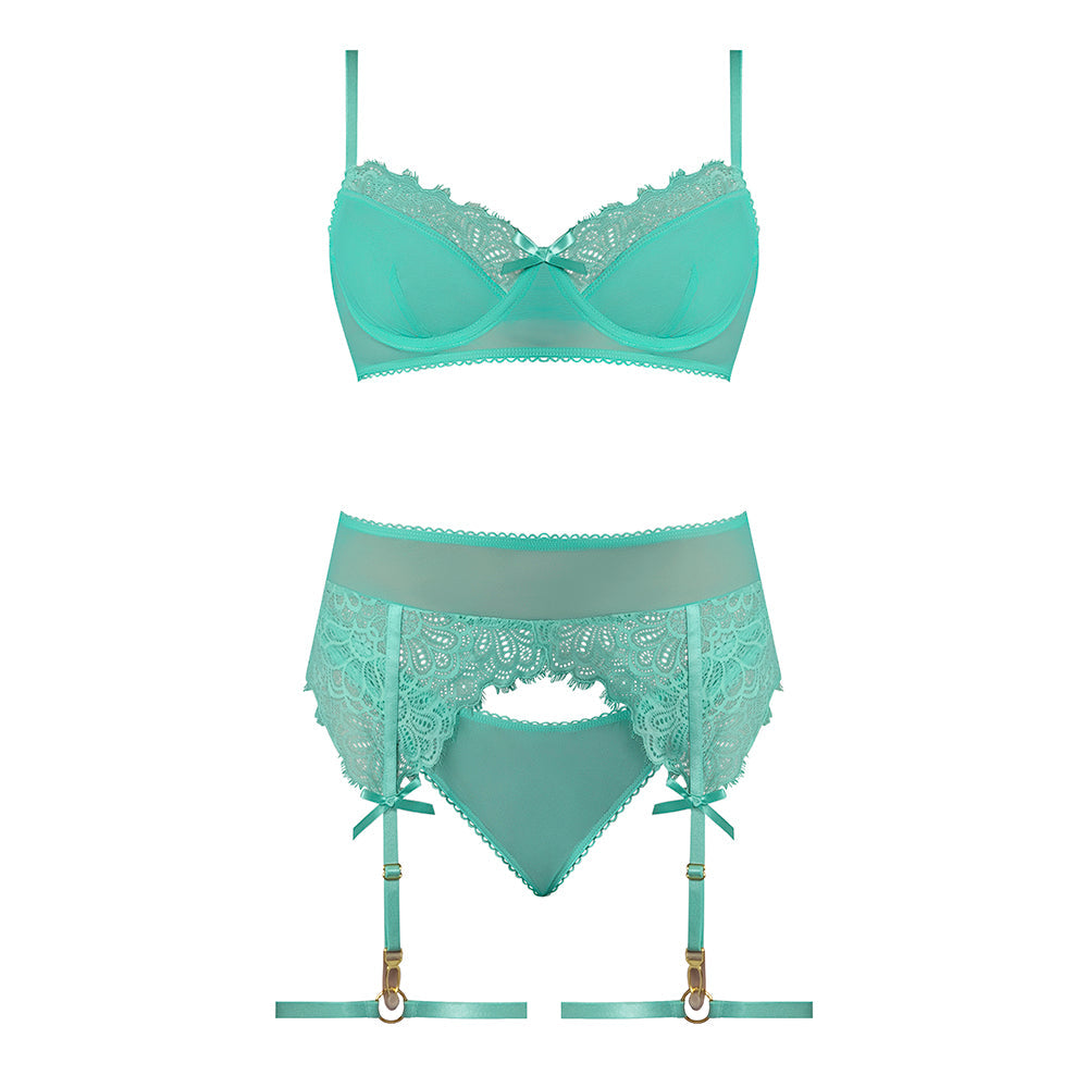 Magic Silk Caribbean Crush Demi Bra & Thong with Garter Set Aqua Glow S/M