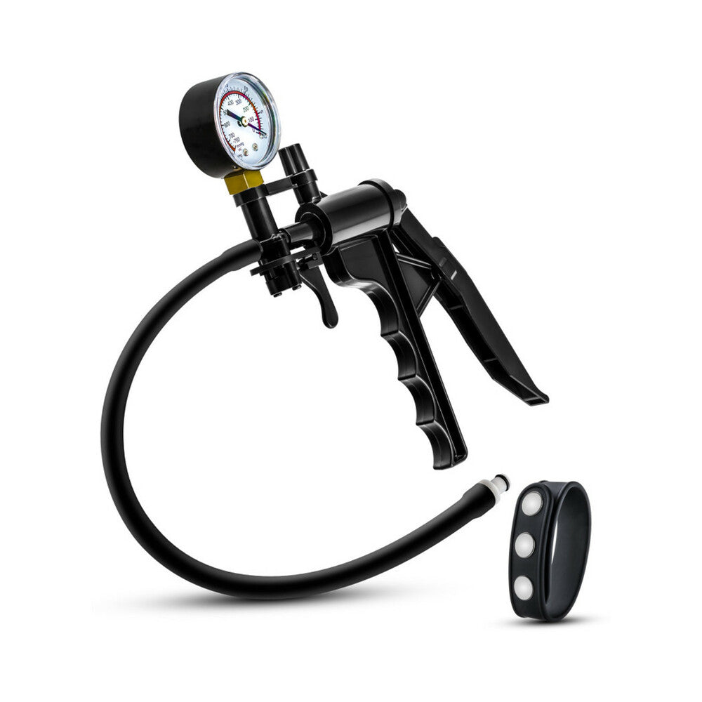 Blush Performance Gauge Pump Pistol with Silicone Tubing & Silicone Cock Strap Black - Fantasies Boutique