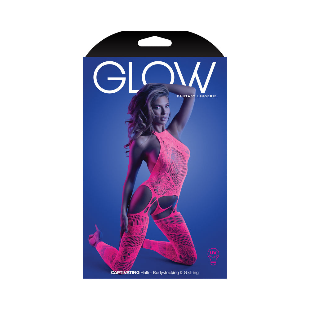 Fantasy Lingerie Glow Captivating High Neck Halter Bodystocking & G-String Set Neon Pink O/S - Fantasies Boutique