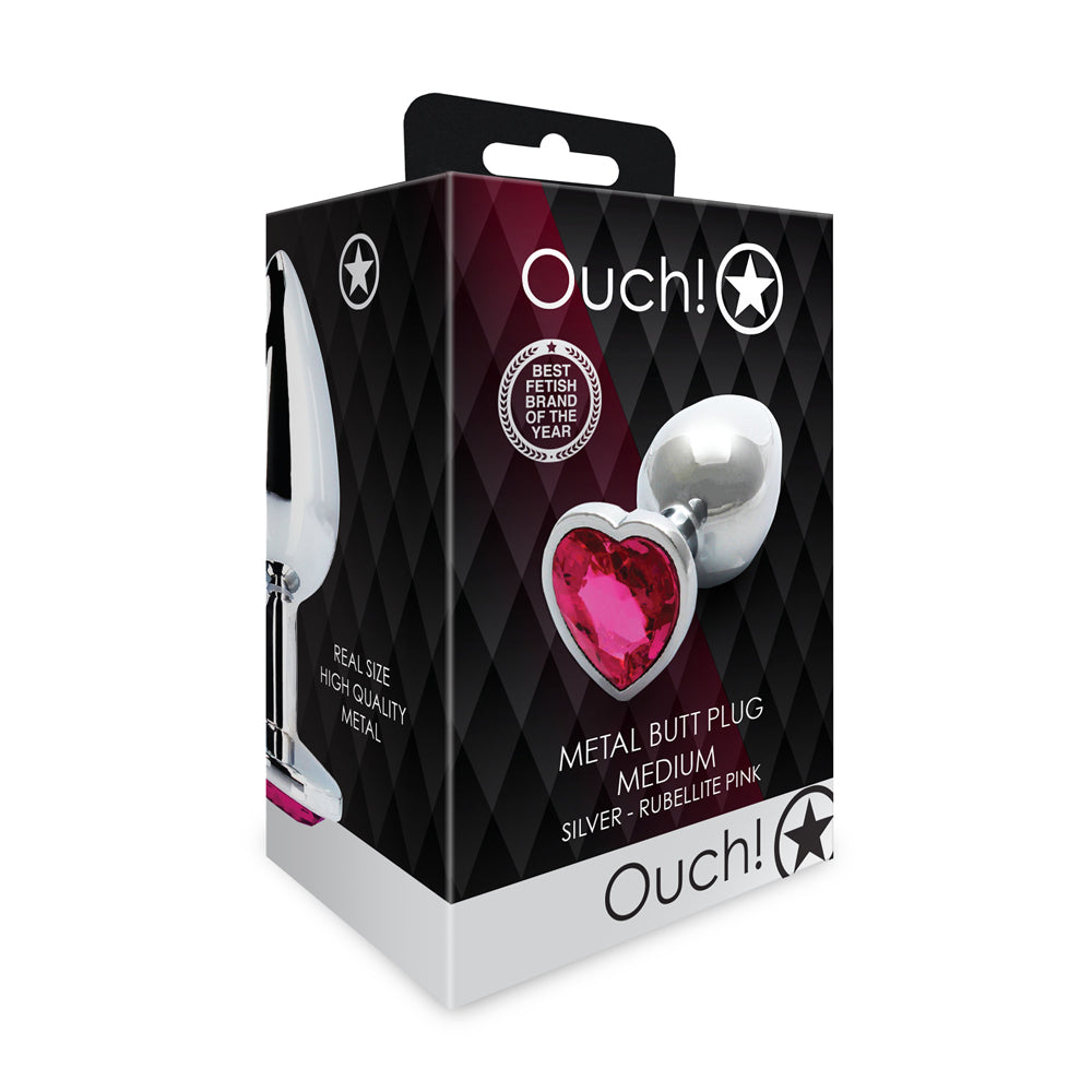 Shots Ouch! Heart Gem Butt Plug Medium Silver/Rubellite Pink - Fantasies Boutique