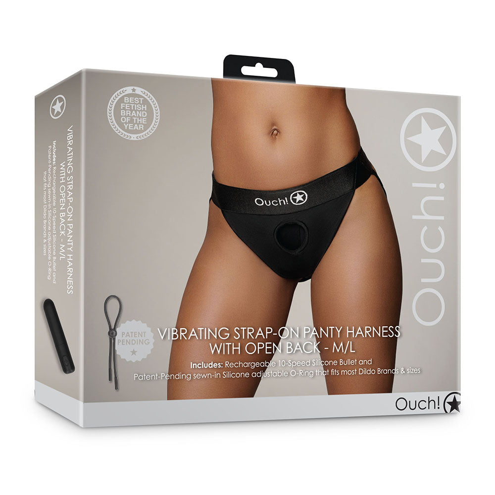 Ouch! Vibrating Strap-on Panty Harness with Open Back Black M/L - Fantasies Boutique