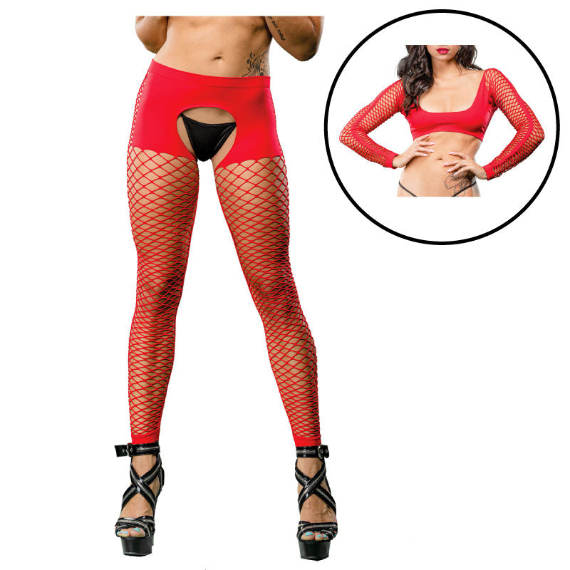 Red Crotchless Mesh/Fishnet  Legging - Fantasies Boutique