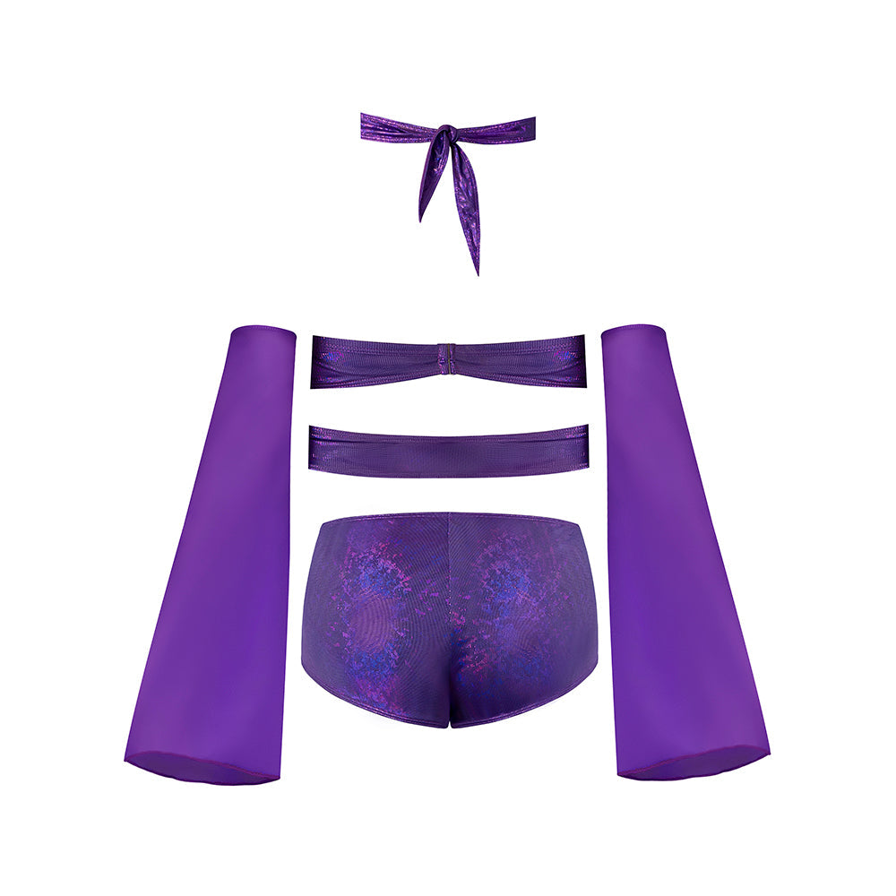 Magic Silk Glimmer Wrap Bralette, Booty Shorts & Sleeve Set Purple Disco Queen Size