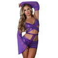 Magic Silk Glimmer Wrap Bralette, Booty Shorts & Sleeve Set Purple Disco S/M