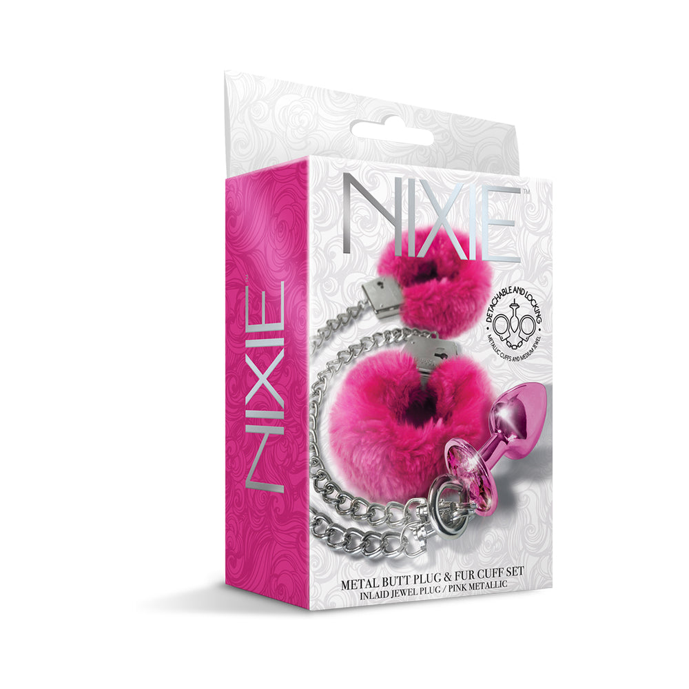Nixie Metal Butt Plug & Furry Handcuff Set Medium Pink Metallic - Fantasies Boutique