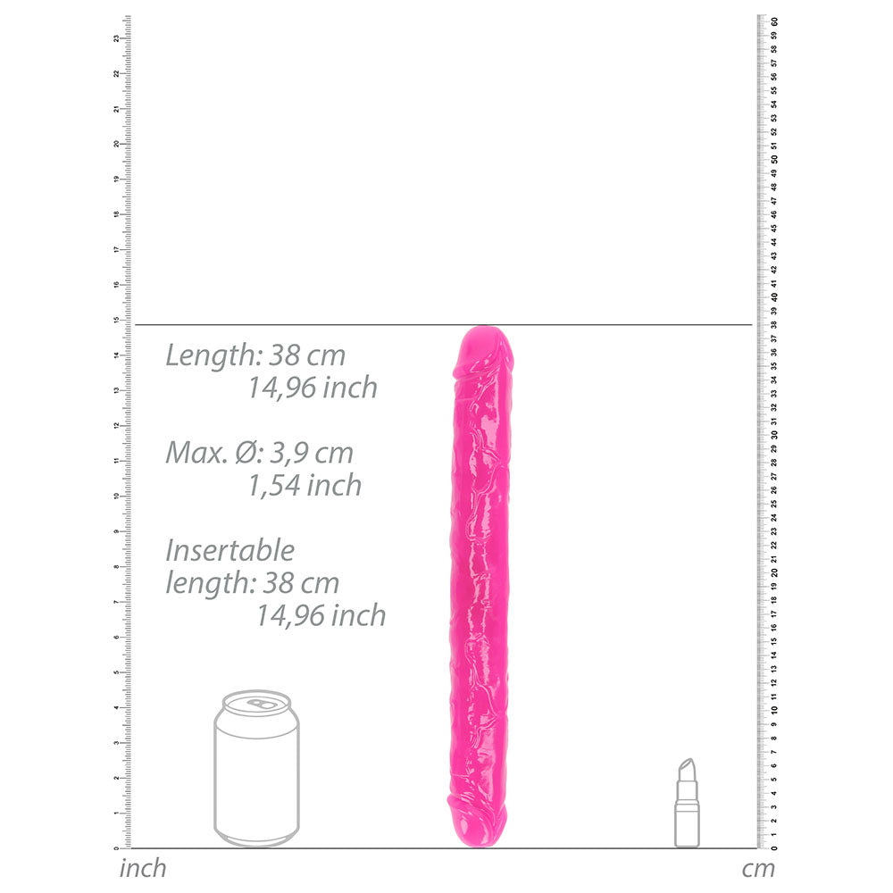 RealRock Glow in the Dark Double Dong 15 in. Dual-Ended Dildo Neon Pink - Fantasies Boutique