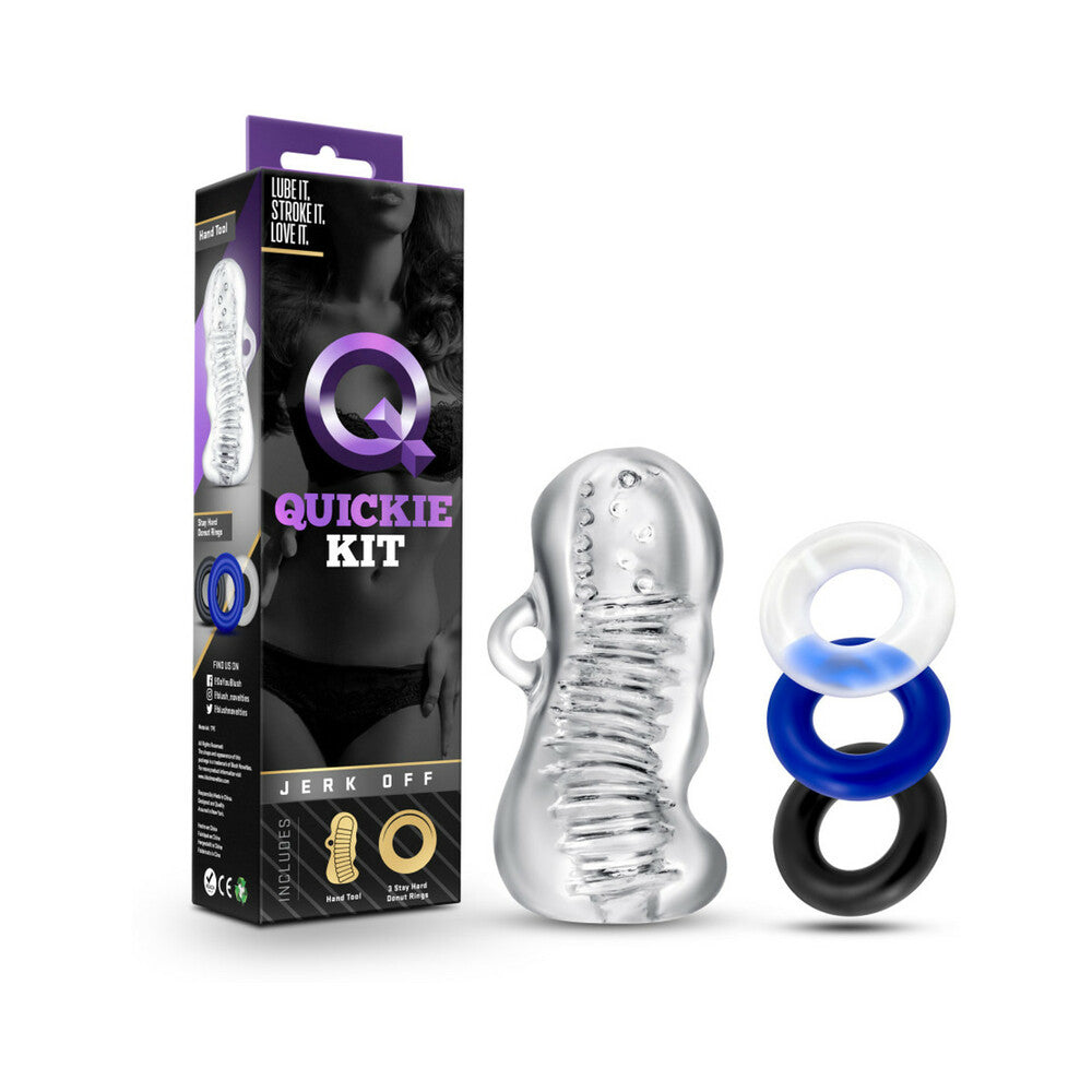 Quickie Kit Jerk Off Stroker & 3-Piece Cockring Set Clear - Fantasies Boutique