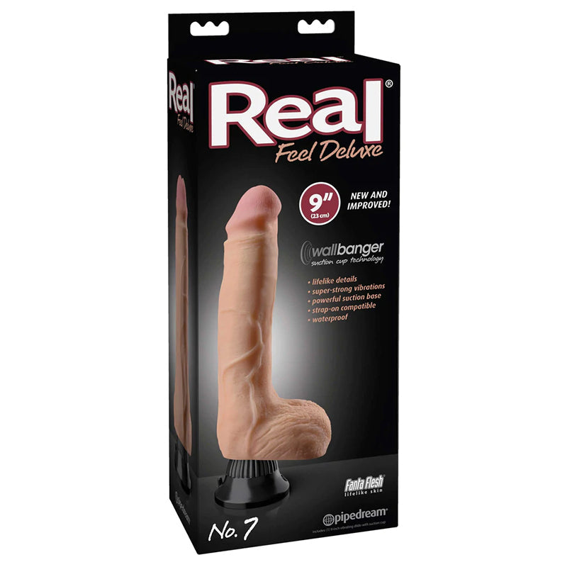 Real Feel Deluxe No. 7 Realistic 9 in. Vibrating Dildo With Balls and Suction Cup Beige - Fantasies Boutique