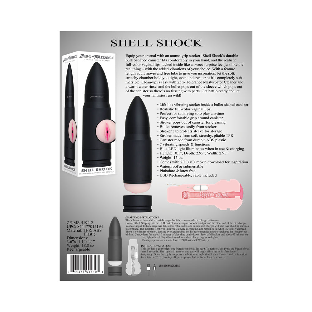 Zero Tolerance Shell Shock Rechargeable Bullet-Shaped Vibrating Vagina Stroker Black - Fantasies Boutique
