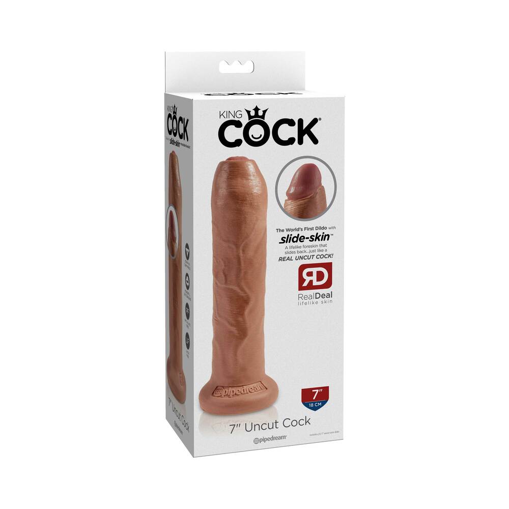 King Cock 7 in. Uncut Cock Realistic Dildo With Moveable Foreskin & Suction Cup Tan - Fantasies Boutique