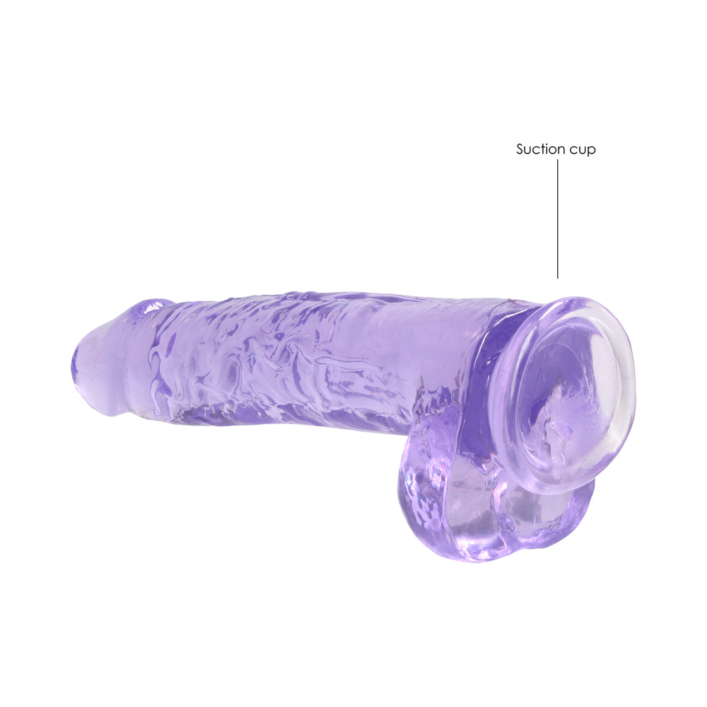 RealRock Crystal Clear Realistic 9 in. Dildo With Balls and Suction Cup Purple - Fantasies Boutique