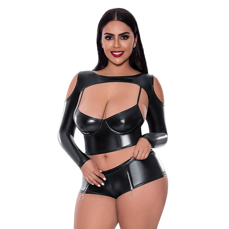 Magic Silk Liquid Onyx Camisole, Longsleeve Shrug & Short Set Black Queen - Fantasies Boutique