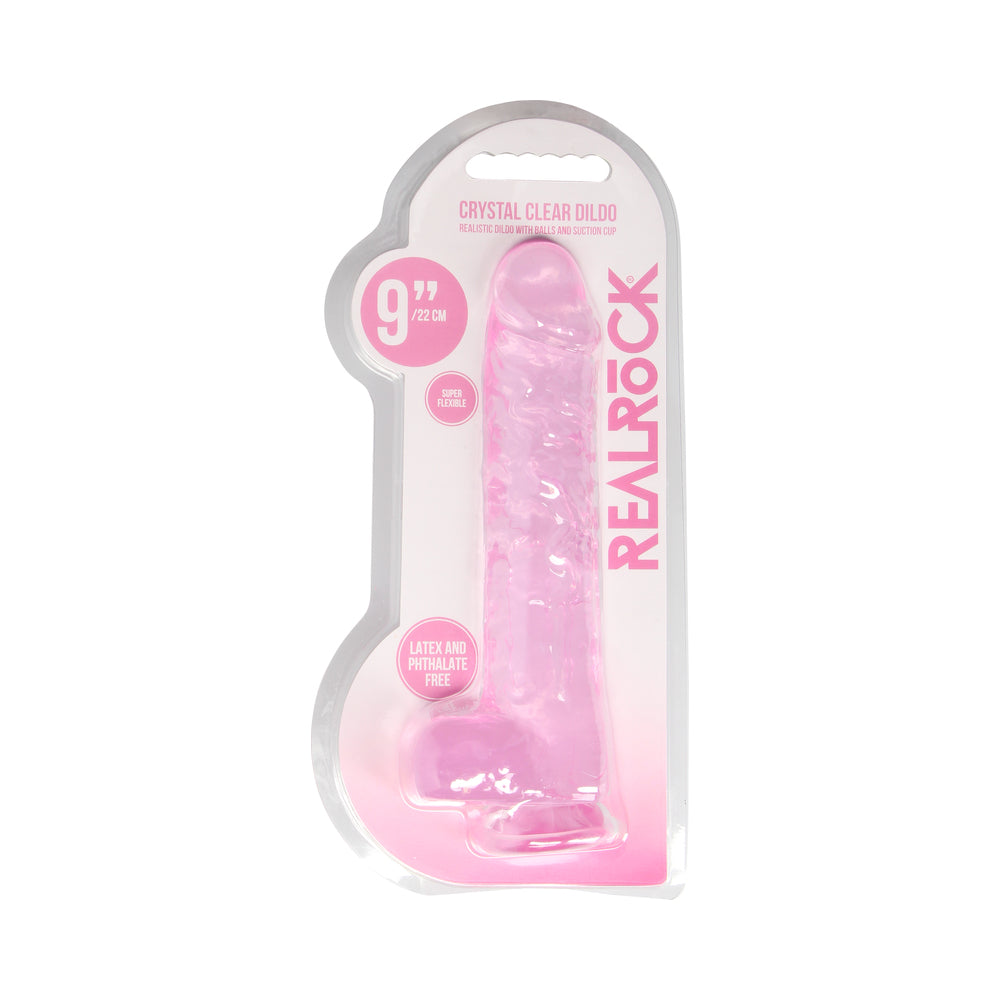 RealRock Crystal Clear Realistic 9 in. Dildo With Balls and Suction Cup Pink - Fantasies Boutique