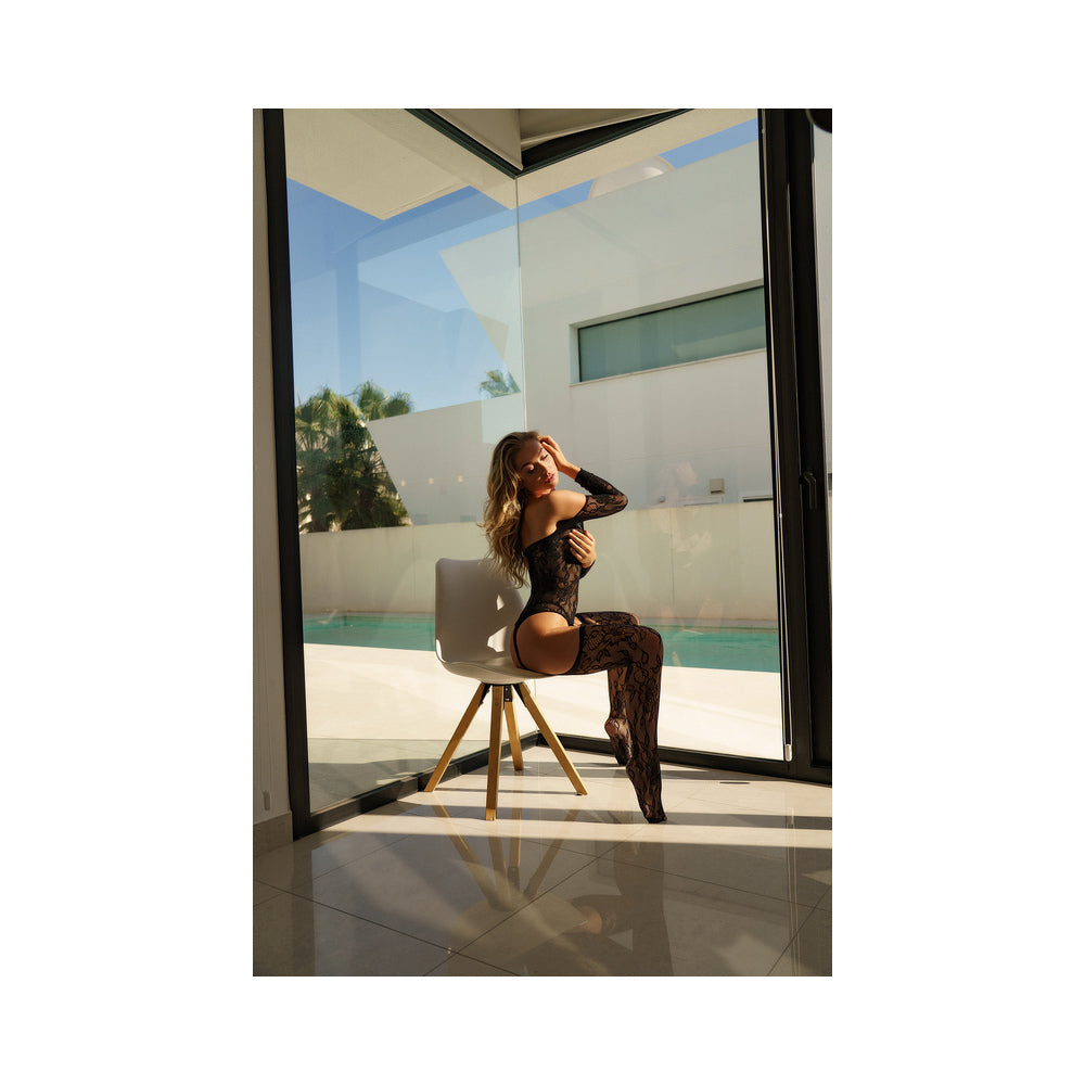 Shots Le Desir Deep-V Criss-Cross Bodystocking Black O/S