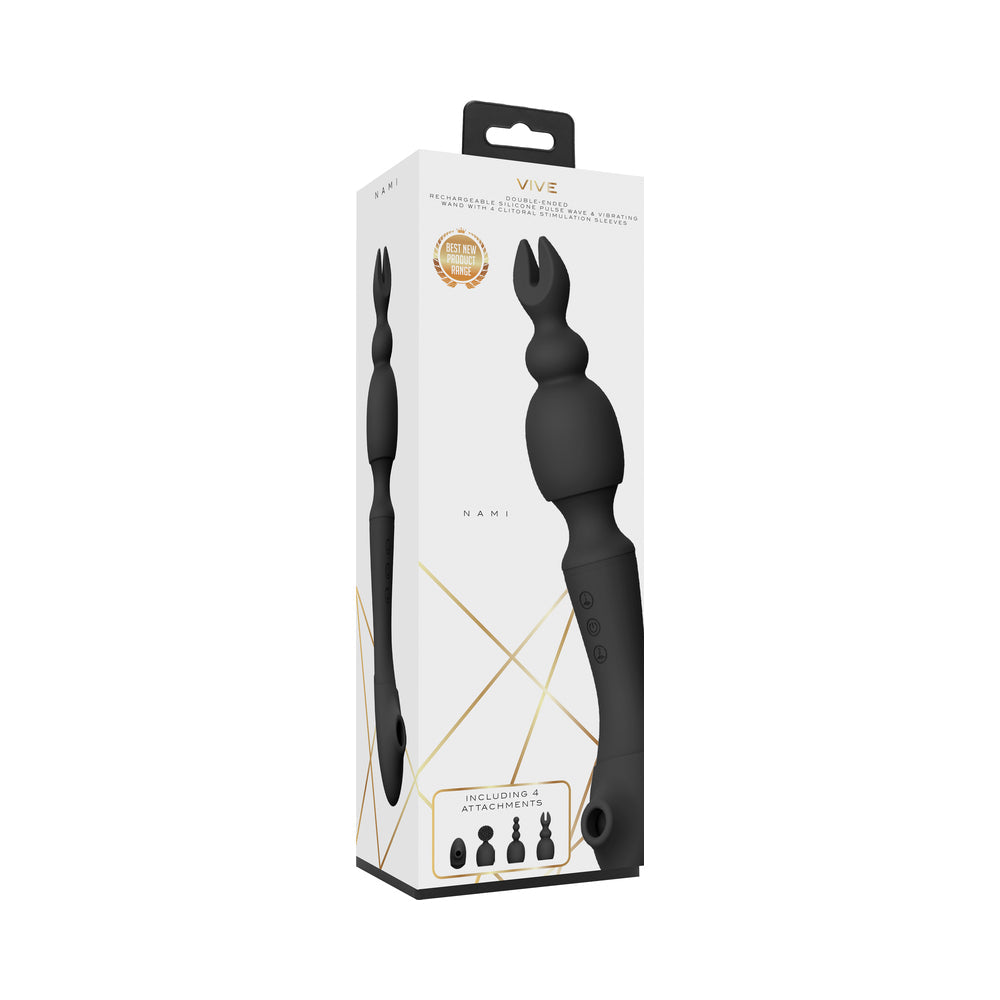 VIVE NAMI Dual-Ended Pulse Wave & Vibrating Wand With Interchangeable Sleeves Black - Fantasies Boutique