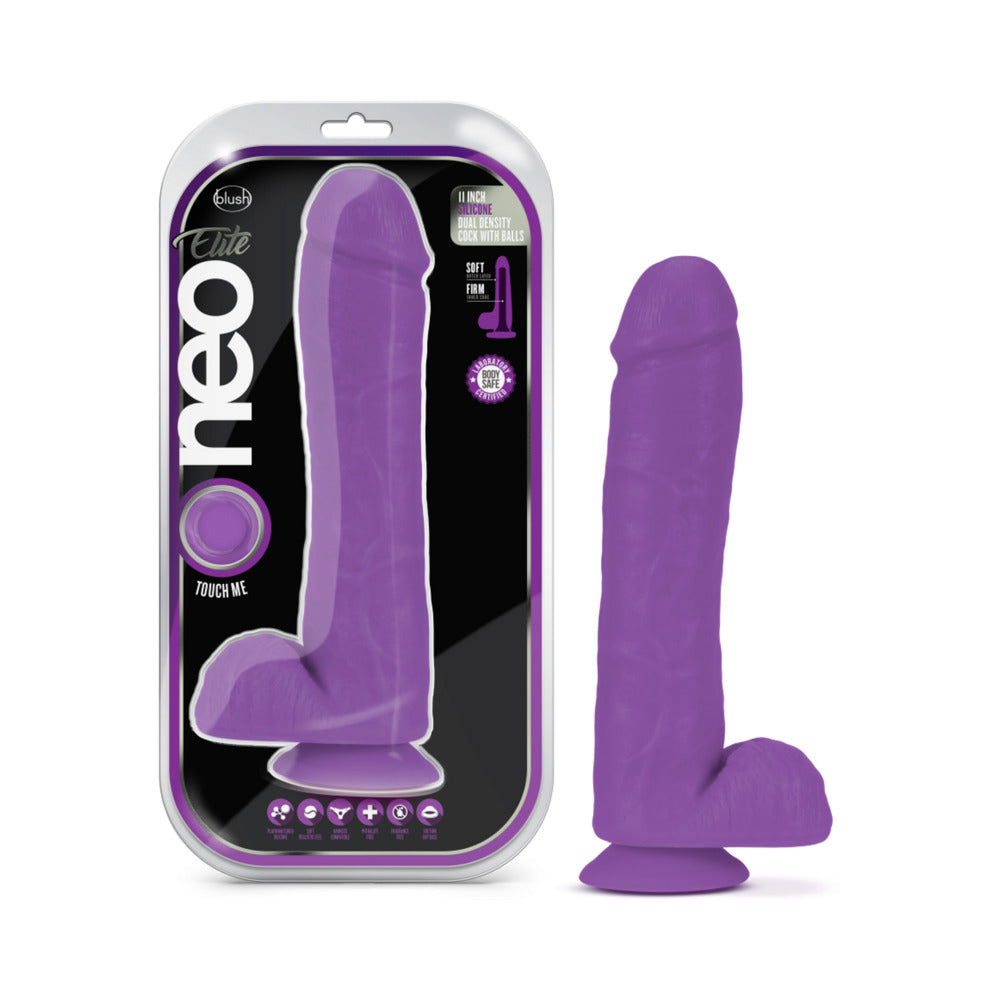 Blush Neo Elite 11 in. Silicone Dual Density Dildo with Balls & Suction Cup Neon Purple - Fantasies Boutique