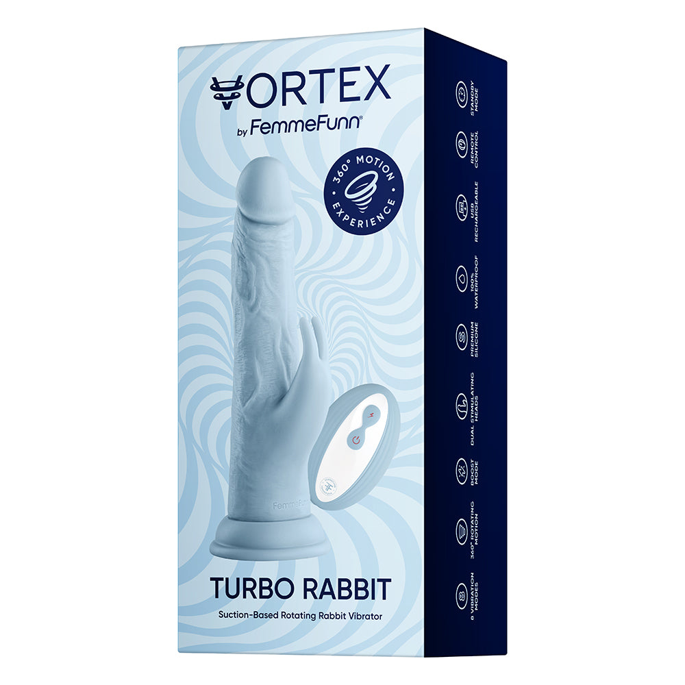 FemmeFunn Vortex Turbo Rabbit 2.0 8 in. Dual Stimulation Vibrating Dildo Light Blue - Fantasies Boutique