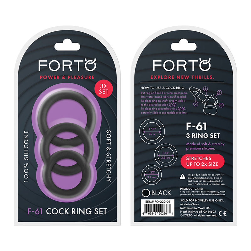 Forto F-61 3-Piece Silicone Cockring Set Black - Fantasies Boutique