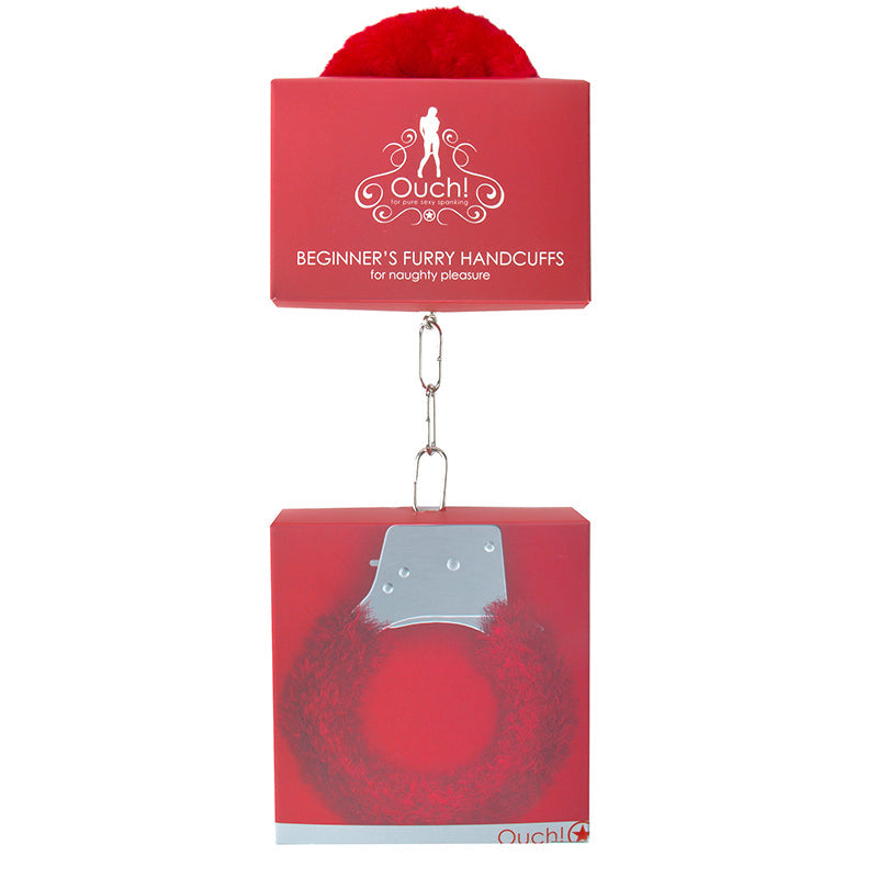 Ouch! Beginner's Furry Handcuffs With Quick-Release Red - Fantasies Boutique