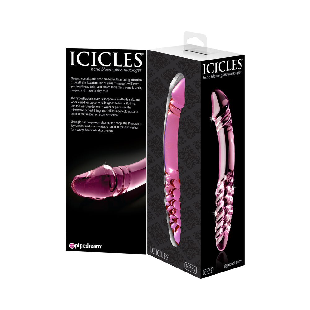 Pipedream Icicles No. 57 Curved Textured 9 in. Dual-Ended Glass Dildo Pink - Fantasies Boutique