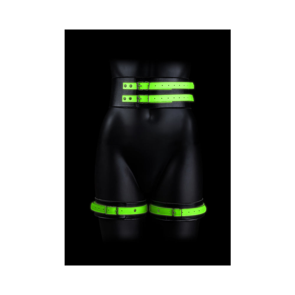 Ouch! Glow in the Dark 5-Piece Bonded Leather Thigh & Handcuffs With Belt Restraint Neon Green L/XL - Fantasies Boutique